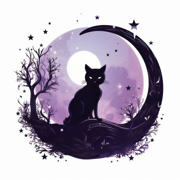 A silhouette of a cat and the moon at night. Generative AI. 