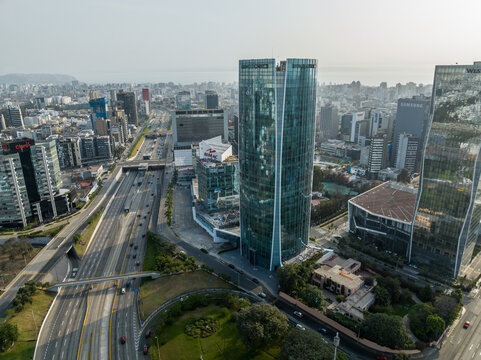 Aerial panoramic view of buildings in San Isidro district in Lima.