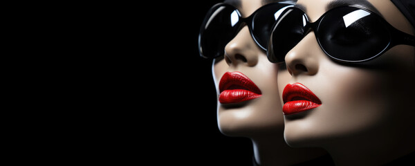 Horizontal banner with copy space for text. Two beautiful young white women in black sunglasses on dark background with red lipstick on lips. Female portrait. Generative AI Concept of solarium