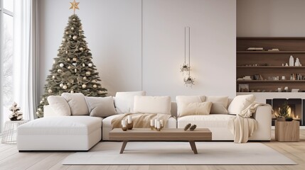 photograph of a modern living room with white and natural wood furniture in minimalist design decorated with a christmas tree and lights