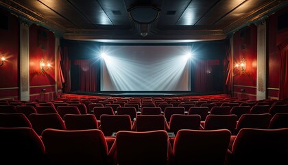 Red Curtains Frame a Glowing White Screen in the Cinema Hall