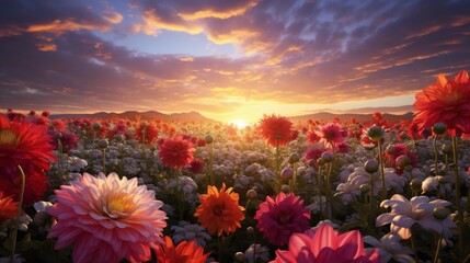 A Diamond Dahlia garden at sunset, the vibrant colors of the flowers illuminated by the golden hour...