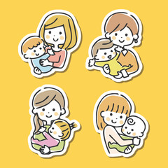 色々なお母さんと赤ちゃんのイラスト　白フチ