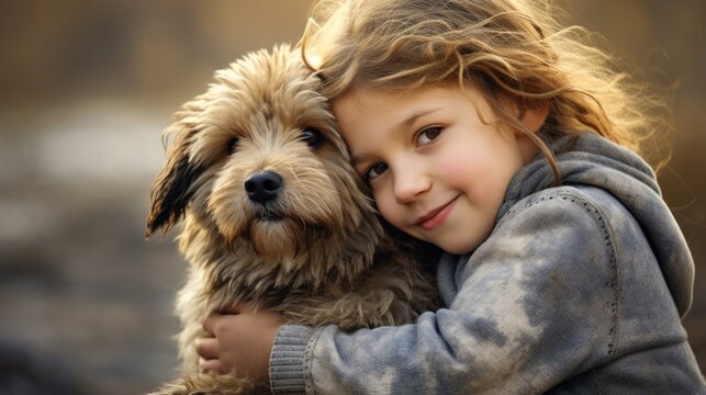 child hugging a friendly pet, showing affection generative ai