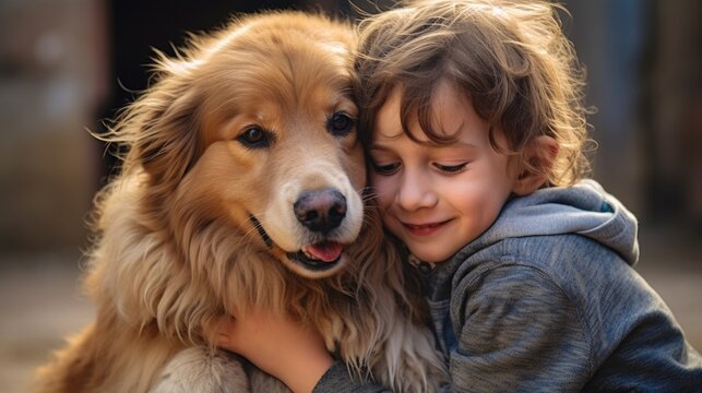 child hugging a friendly pet, showing affection generative ai