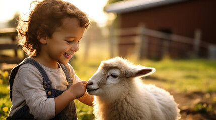 child on a farm, petting animals generative ai - obrazy, fototapety, plakaty