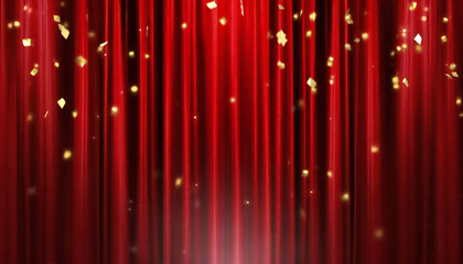 紙吹雪が舞う赤いカーテンのあるステージ。ドレープカーテン素材。紙吹雪。
A stage with a red curtain with falling confetti. Drape curtain material. Confetti.