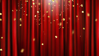 紙吹雪が舞う赤いカーテンのあるステージ。ドレープカーテン素材。紙吹雪。
A stage with a red curtain with falling confetti. Drape curtain material. Confetti.