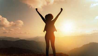 silhouette of a man and woman stands triumphantly against a cityscape and mountains, symbolizing their shared journey towards a successful, hopeful future