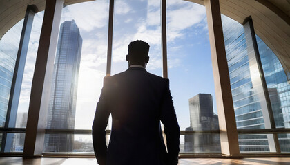 silhouette of a man and woman stands triumphantly against a cityscape and mountains, symbolizing their shared journey towards a successful, hopeful future
