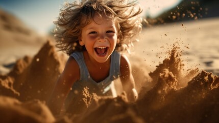 child playing in the sand at the beach, full of joy generative ai