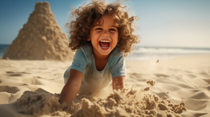 child playing in the sand at the beach, full of joy generative ai - obrazy, fototapety, plakaty