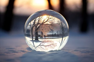 Fotobehang glass ball with imprints on snow. Generative AI © Magdalena