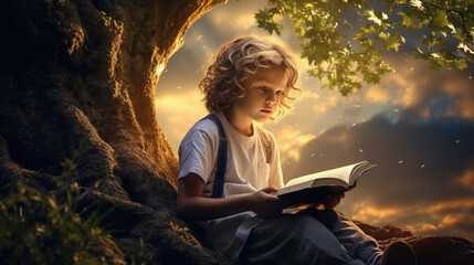 child reading a book under a tree, lost in imagination generative ai - obrazy, fototapety, plakaty