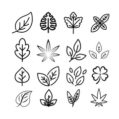 eco set of black line leaf icons on white background