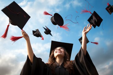 hats graduation throwing graduate mortarboard education university graduating sky cloud academic achievement air bachelor cap ceremony certificate cheerful college degree excited excitement - obrazy, fototapety, plakaty