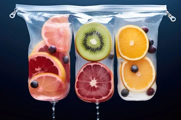 Foto op Plexiglas fruit slices saline bag pped water background 4 vitamin cocktail transfusion slice hospital dip treatment fluid kiwi orange © akkash jpg