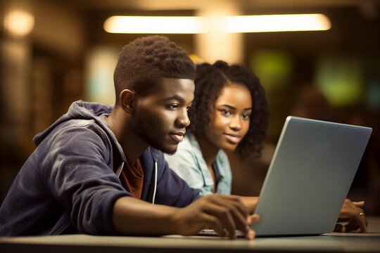 Together Laptop Using Students College African Student Group Studying Library American Black Computer Notebook University Uniform Girl Boy Man Male Woman Female Education School Book Adult