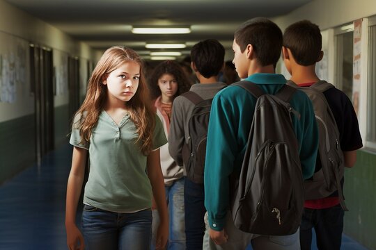 hallway school Students high junior youth young teenage 15 student lifestyle back to education learning brunette boy girl male female classroom class 4 group backpack classmate book friends