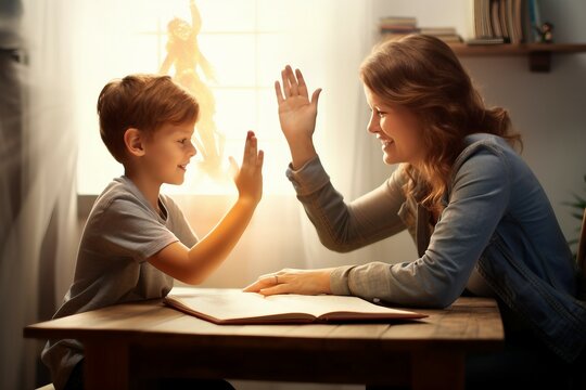 childhood familiy son children mother education five high boy teaching homework home woman family person portrait 5 hand success gesture celebration celebrate happy give team together