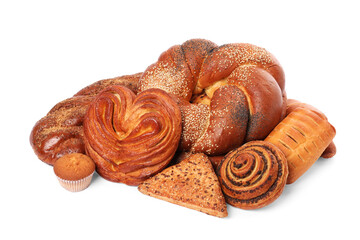 Different tasty freshly baked pastries isolated on white