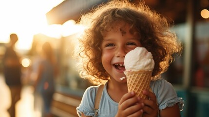 little boy eating ice cream with a big smile. generative ai