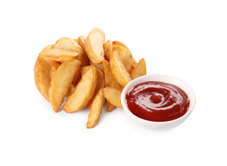 Delicious baked potato wedges and ketchup in bowl on white background