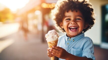 little boy eating ice cream with a big smile. generative ai - obrazy, fototapety, plakaty