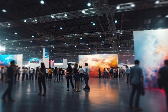 concept trade business hall public show exhibition event background blurred abstract advertisement blur bokeh booth brand buy buyer commercial company consumer crowd client design display