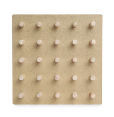 Wooden geoboard isolated on white. Educational toy for motor skills development