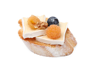 Tasty sandwich with brie cheese, fresh berries and walnut isolated on white