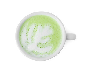 Cup of fresh matcha latte isolated on white, top view