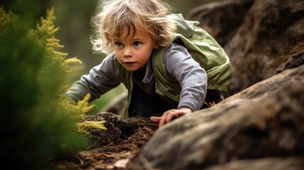 Child on a nature walk, showing curiosity. generative ai