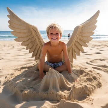 child making a sand angel on the beach, expressing pure happiness generative ai
