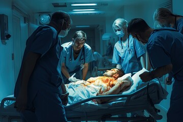 emergency department doctors nurses surgeons move seriously injured patient lying stretcher hospital corridors medical staff hurry operating theater accident ambulance hallway health care nurse - obrazy, fototapety, plakaty