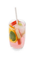 Glass of tasty rhubarb cocktail with orange isolated on white