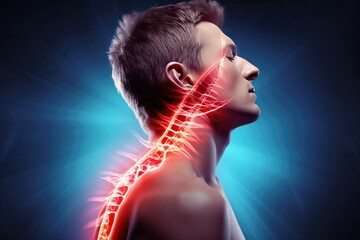 young man holding neck pain medical concept ache aching adult anatomy backview backache body bone discomfort glow health care hi-res highlighted human bruised illustration inflamed inflammation - obrazy, fototapety, plakaty
