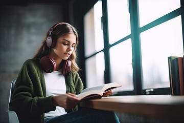 playlist enjoying textbook exam preparing book reading student female young headphones music favourite while library university learning girl hipster attractive accessory audio - obrazy, fototapety, plakaty