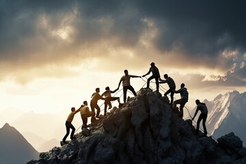 s work team helping climbing mountain peak people group  accomplishment action activity adrenalin adventure background business businessman cliff climb climber climbing concept courage - obrazy, fototapety, plakaty