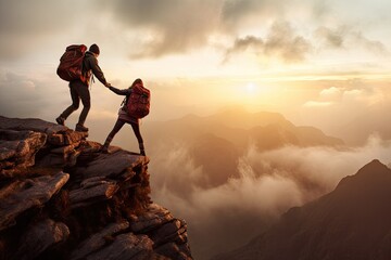 other each help hiking couple asia concept lifestyle fit active hand helping giving sunrise mountain hike other each helping people  active activity adventure asia backpack cliff climb - obrazy, fototapety, plakaty
