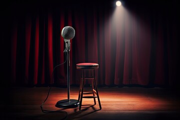 image contrast high ray reflectors stage comedy stand stool wooden microphone actor art artist audio background bar club comedian concert dark entertainment equipment event floor - obrazy, fototapety, plakaty