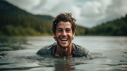 person expressing joy at a lake surrounded by mountains generative ai