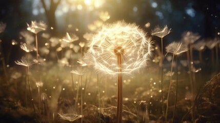 A Diamond Dust Dandelion seedhead in an enchanted forest, with soft, ethereal light illuminating the intricate patterns of the seeds.