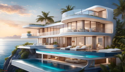 Modern luxury mansion with swimming pool, built by the sea, modern real estate, Buildings and Architecture concept, generative ai	