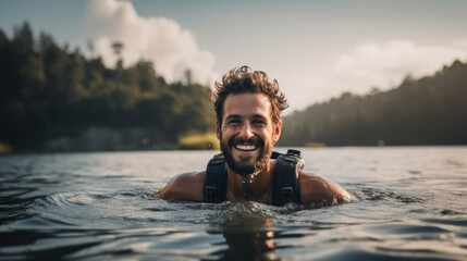 person expressing joy at a lake surrounded by mountains generative ai