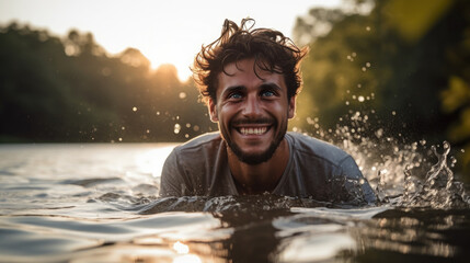Fototapeta na wymiar person expressing joy at a lake surrounded by mountains generative ai