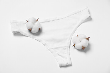 Stylish women's underwear and cotton flowers on white background