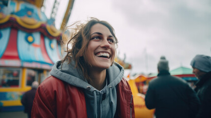 Fototapeta premium person expressing joy in an amusement park generative ai