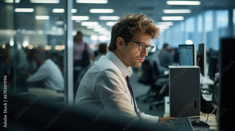 Wall mural a real life photo of a man looking past a computer screen in a busy office blurred with activity very blank and numb faced - Generative AI