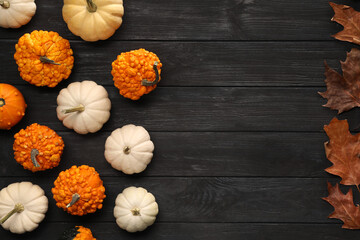 Different ripe pumpkins and dry leaves on black wooden table, flat lay. Space for text